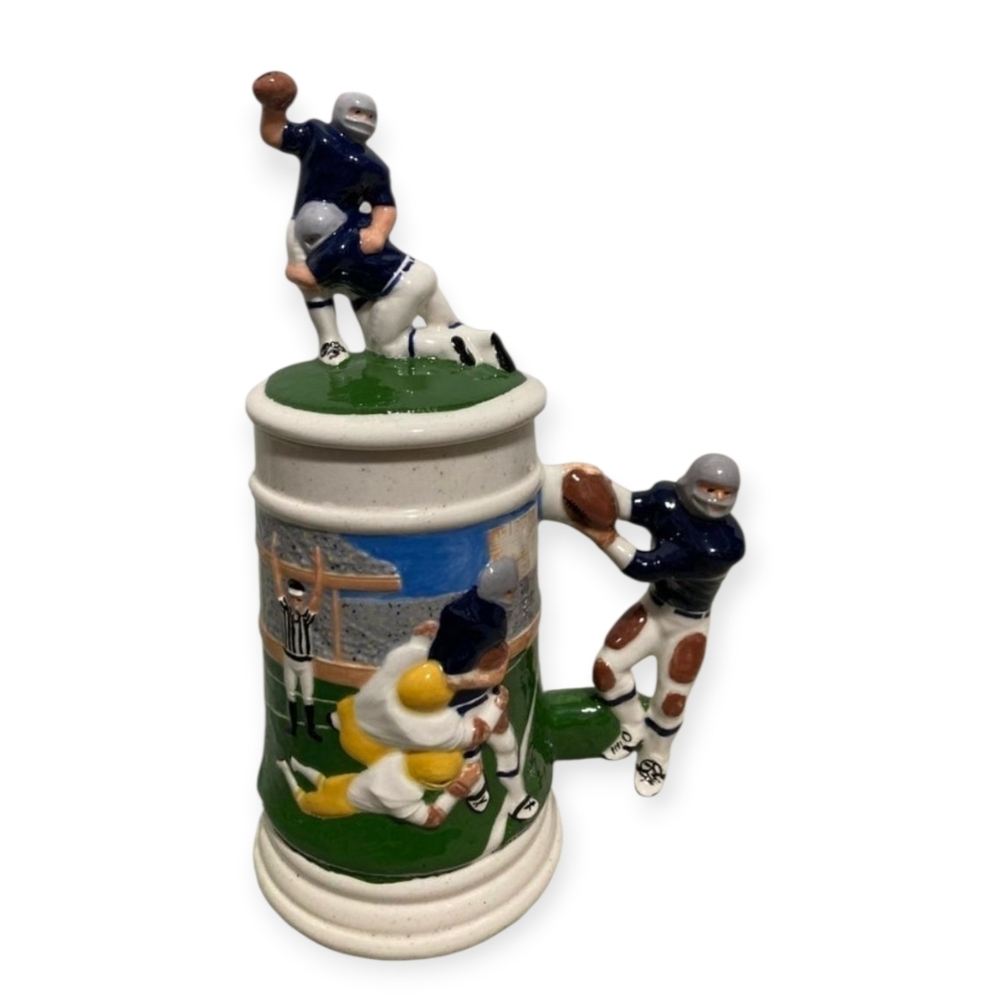 70s 80s Football 34oz Beer Coffee MUG Nostalgic Stein Pewter Lid VTG MR.Ceramics